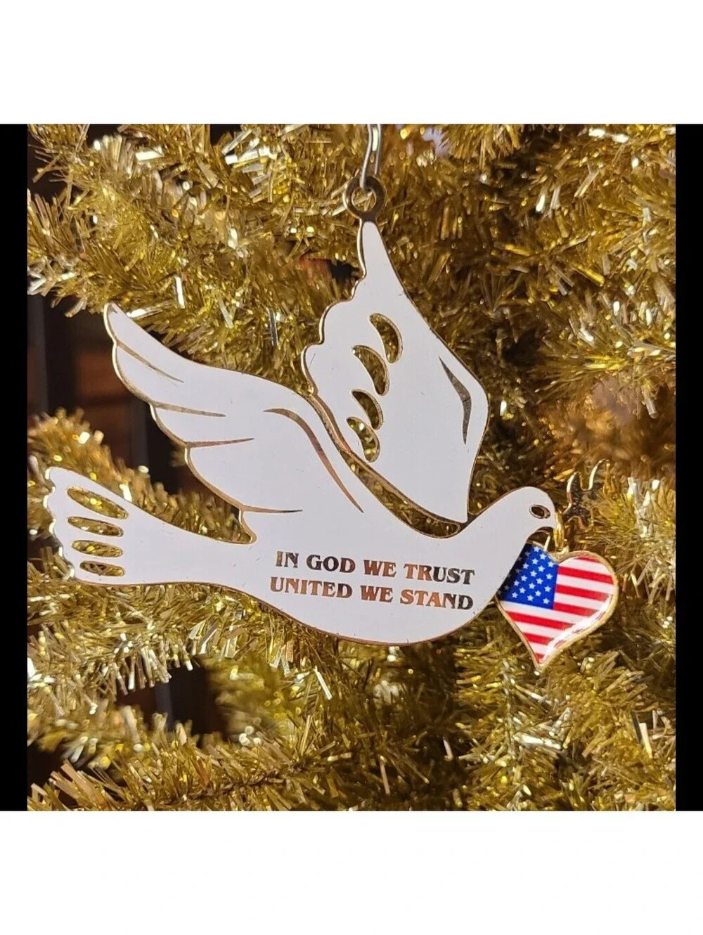 Gold and White Enamel Flag Dove Ornament In God We Trust